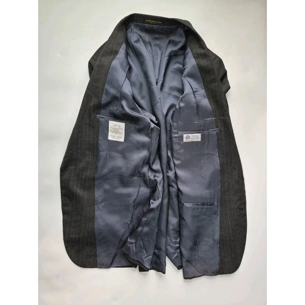 Hickey Freeman Mens Wool Sports Coat 43R Gray Plaid Vintage USA 2 Button Blazer